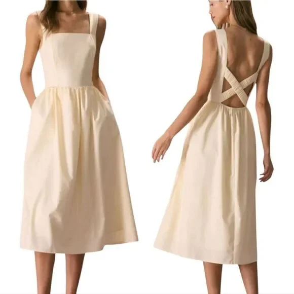 Rihoas Square Neck Criss Cross Back Sleeveless Midi Dress Light Yellow Small NWT - Picture 3 of 14